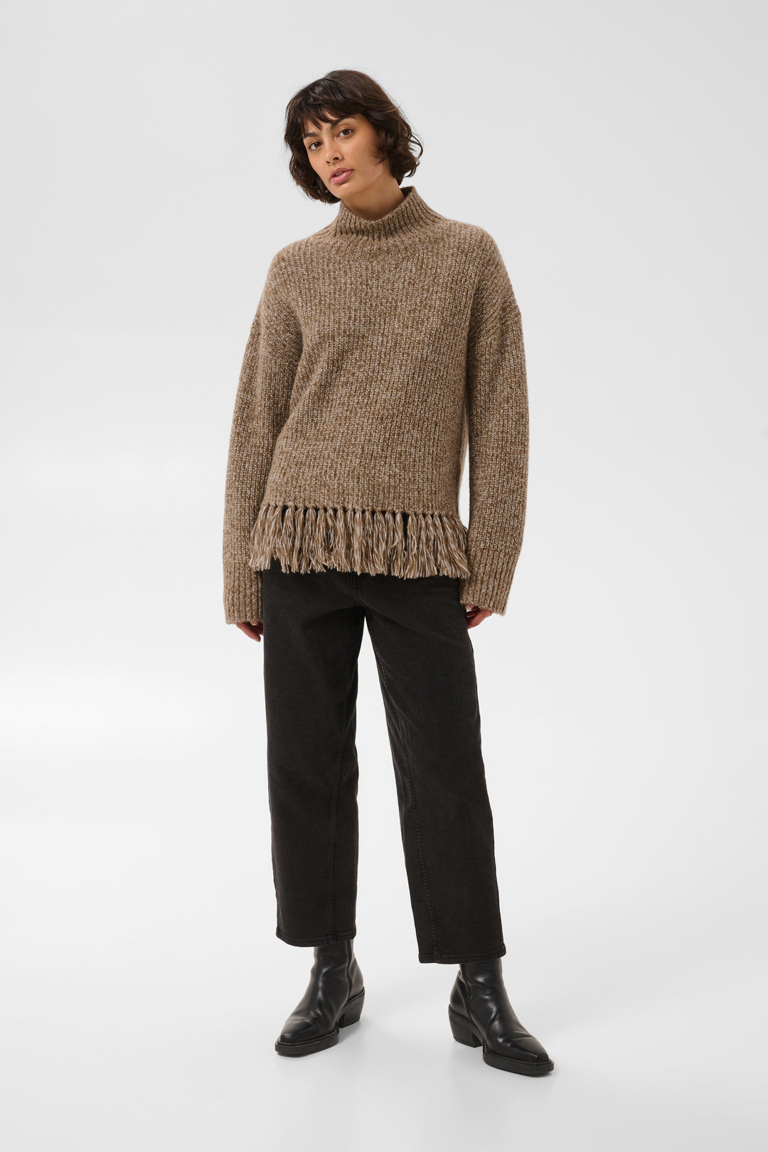 Chandail en tricot chiné Cimina - Avec col montant et bordure originale à franges