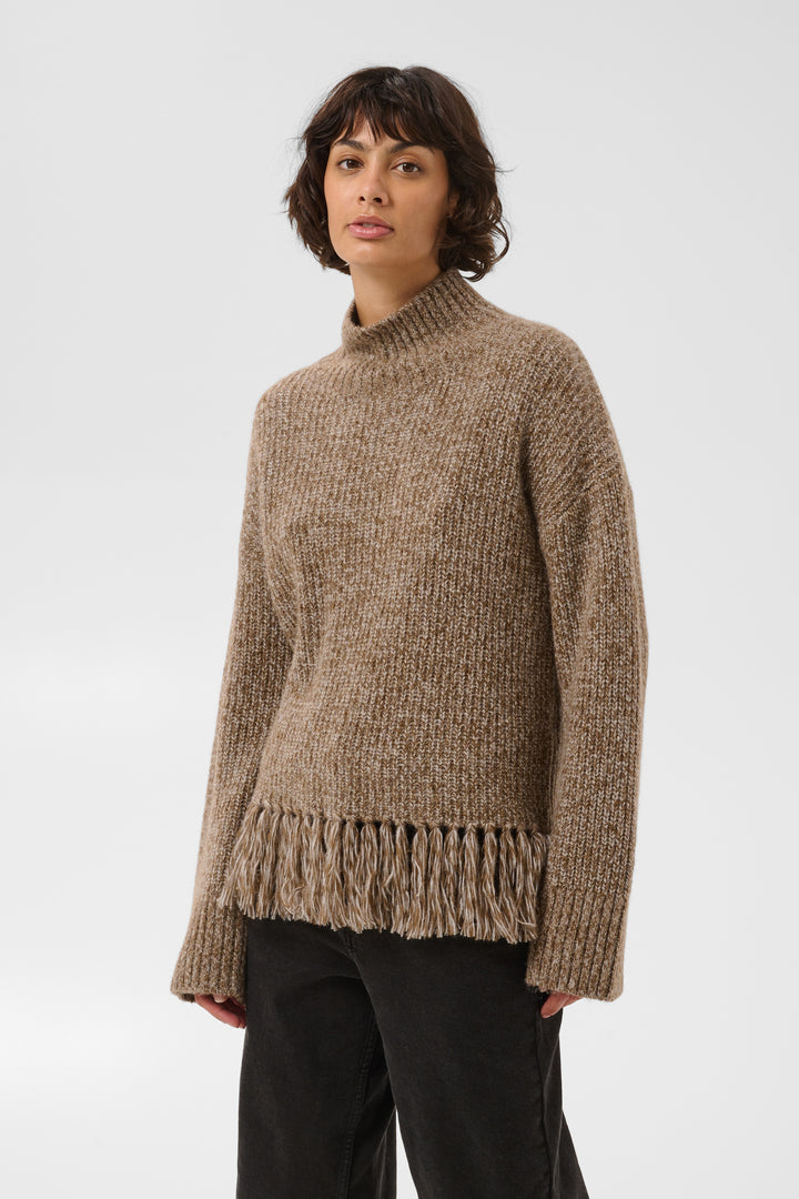 Chandail en tricot chiné Cimina - Avec col montant et bordure originale à franges