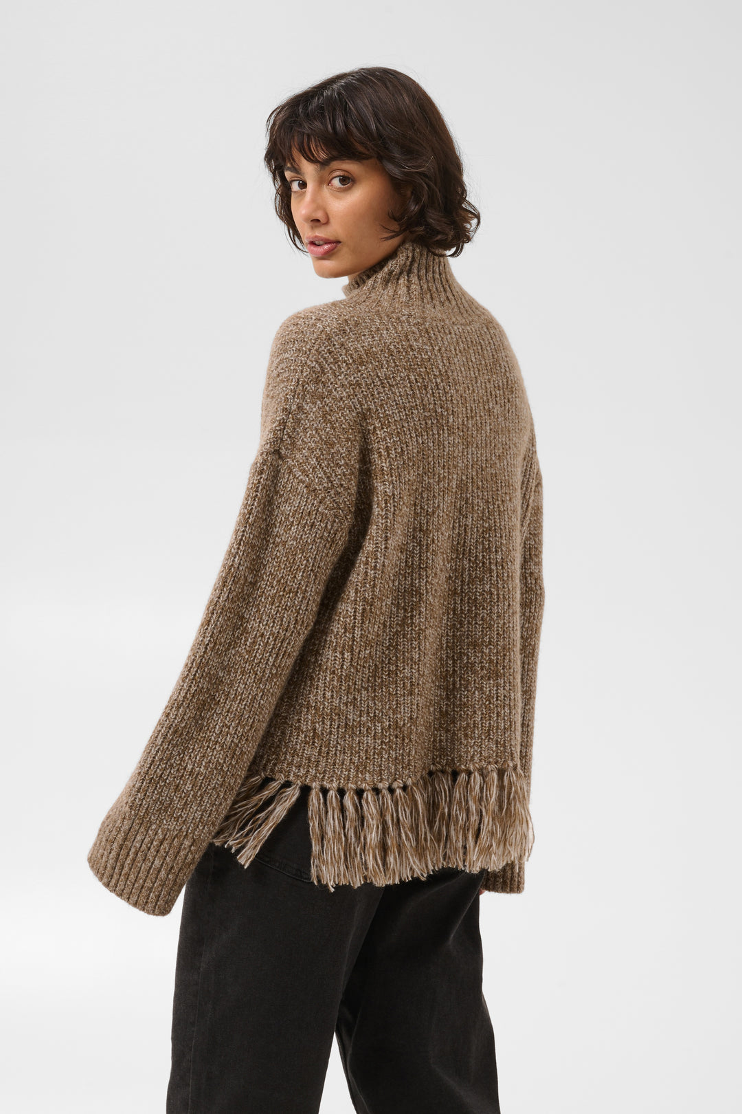 Chandail en tricot chiné Cimina - Avec col montant et bordure originale à franges