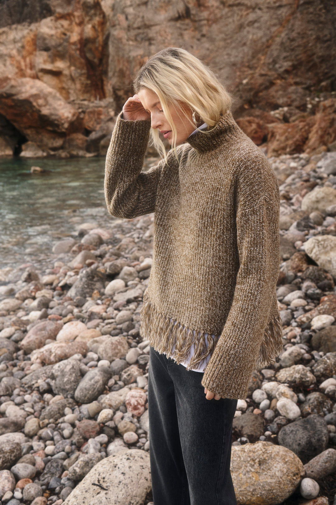 Chandail en tricot chiné Cimina - Avec col montant et bordure originale à franges