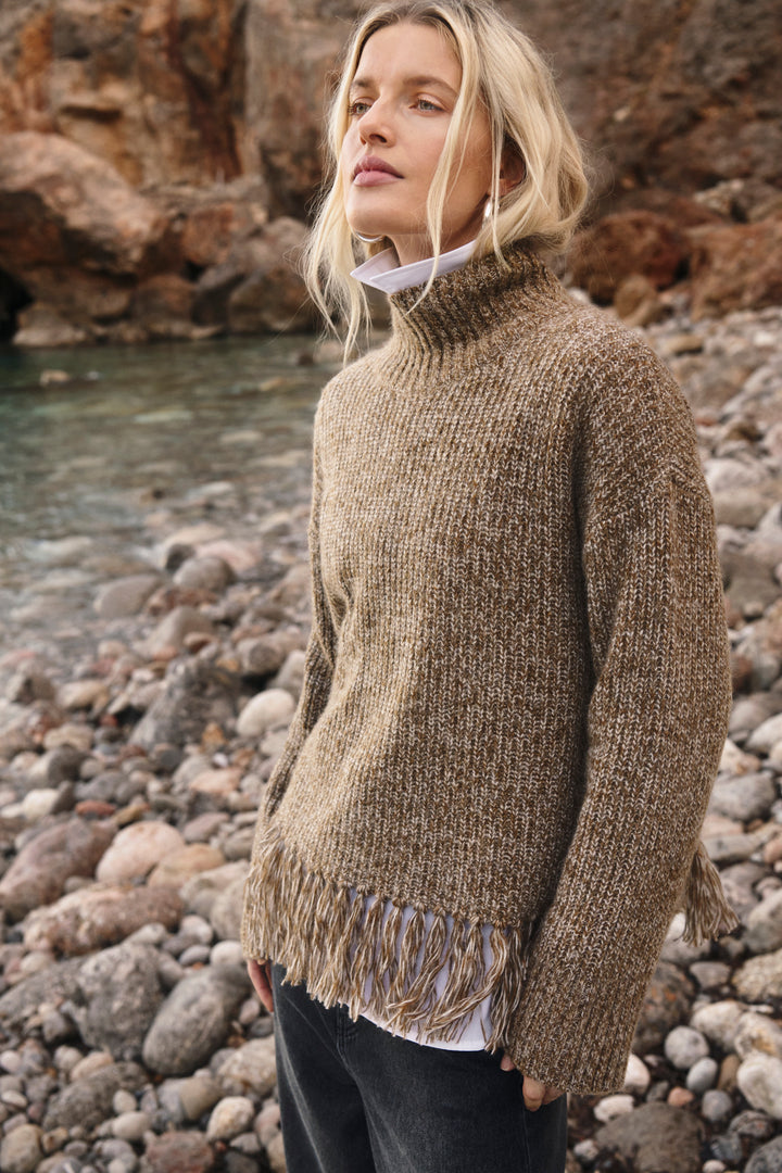 Chandail en tricot chiné Cimina - Avec col montant et bordure originale à franges