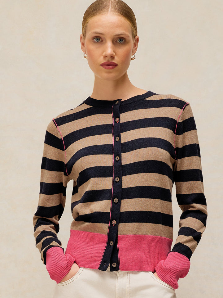 Cardigan boutonné en coton biologique Lois - À rayures et finitions contrastées