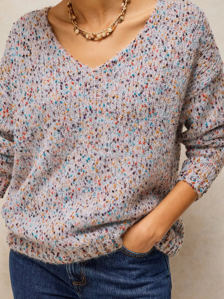 Chandail en maille texturée à col en V - Fibres recyclées et finitions côtelées