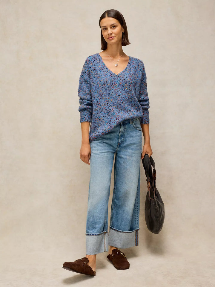 Chandail en maille texturée à col en V - Fibres recyclées et finitions côtelées