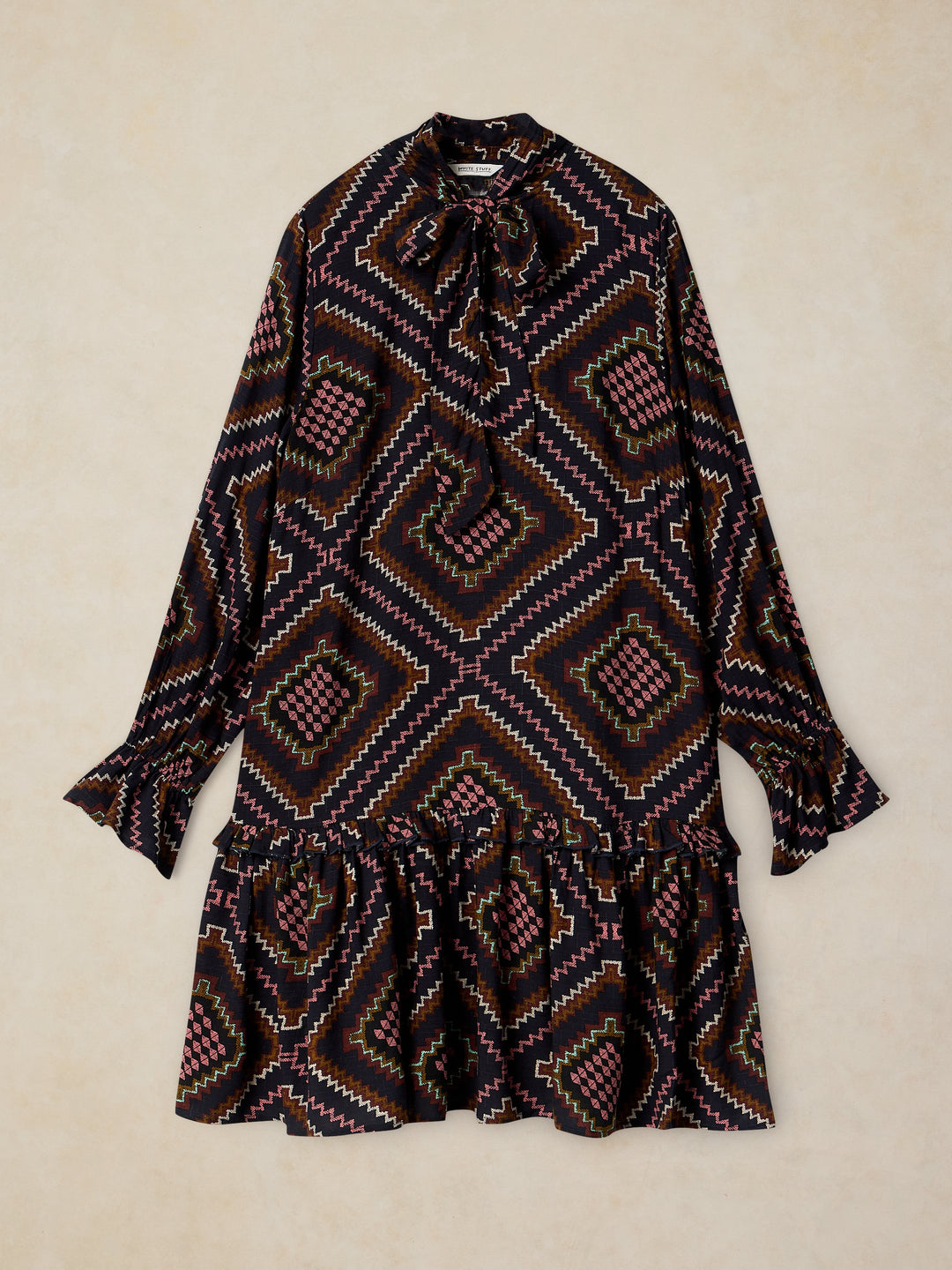 Robe courte imprimée à col lavallière - Fluide au style bohème chic