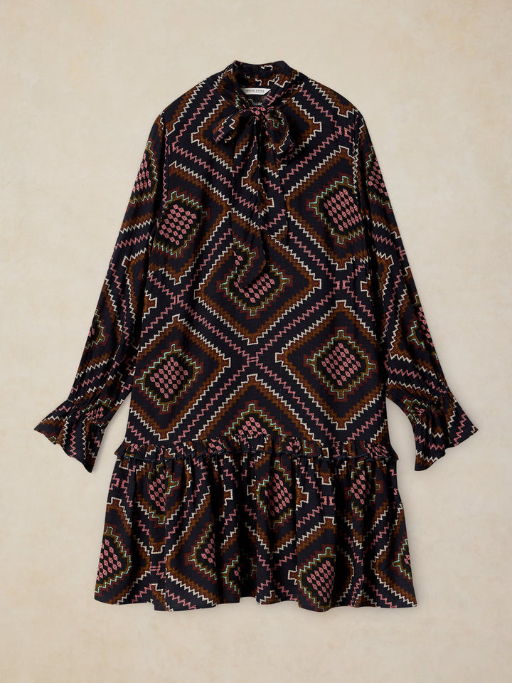 Robe courte imprimée à col lavallière - Fluide au style bohème chic