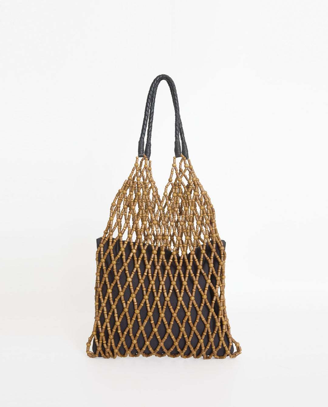 Sac filet en perles de bois - Avec poignées en cuir