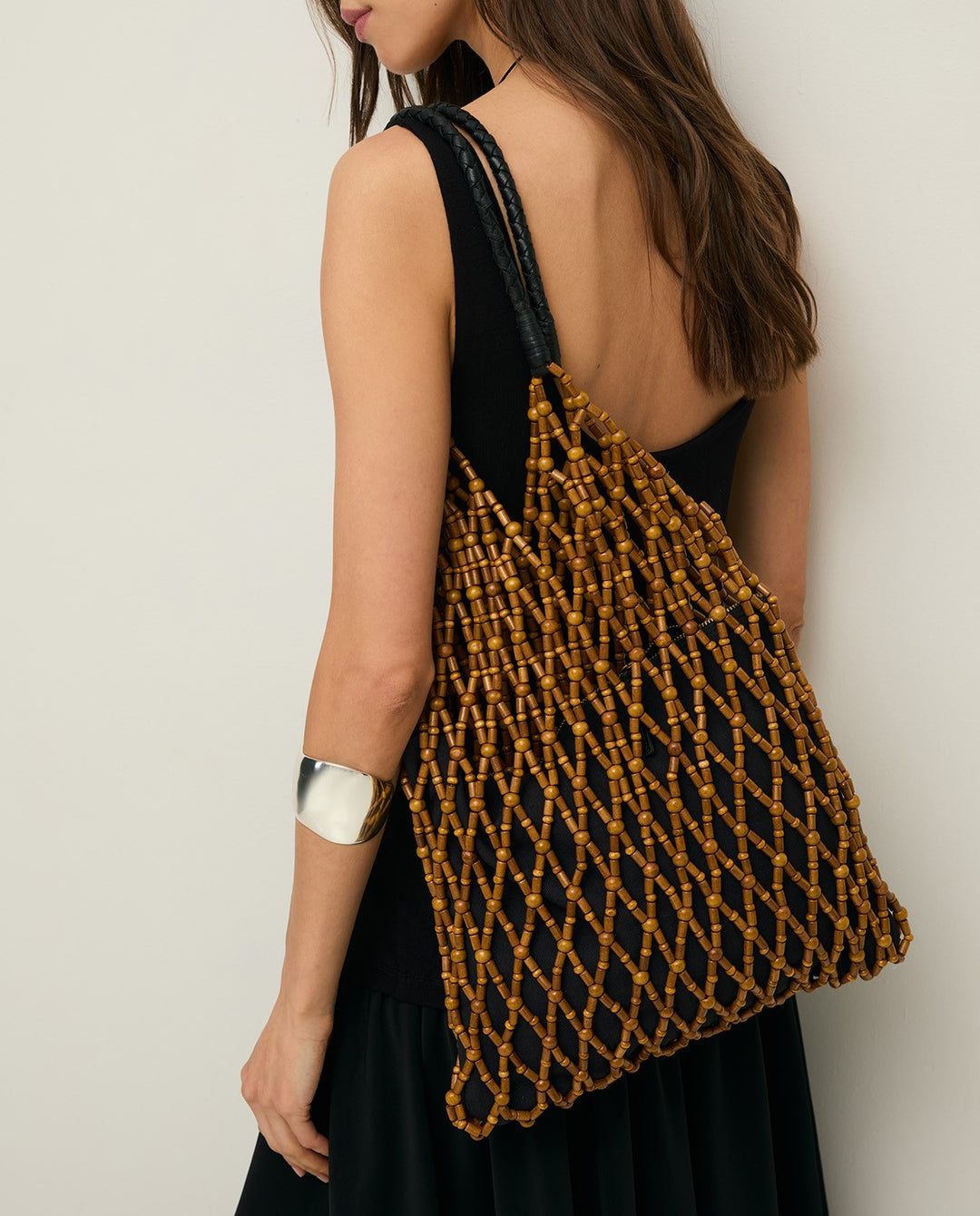 Sac filet en perles de bois - Avec poignées en cuir