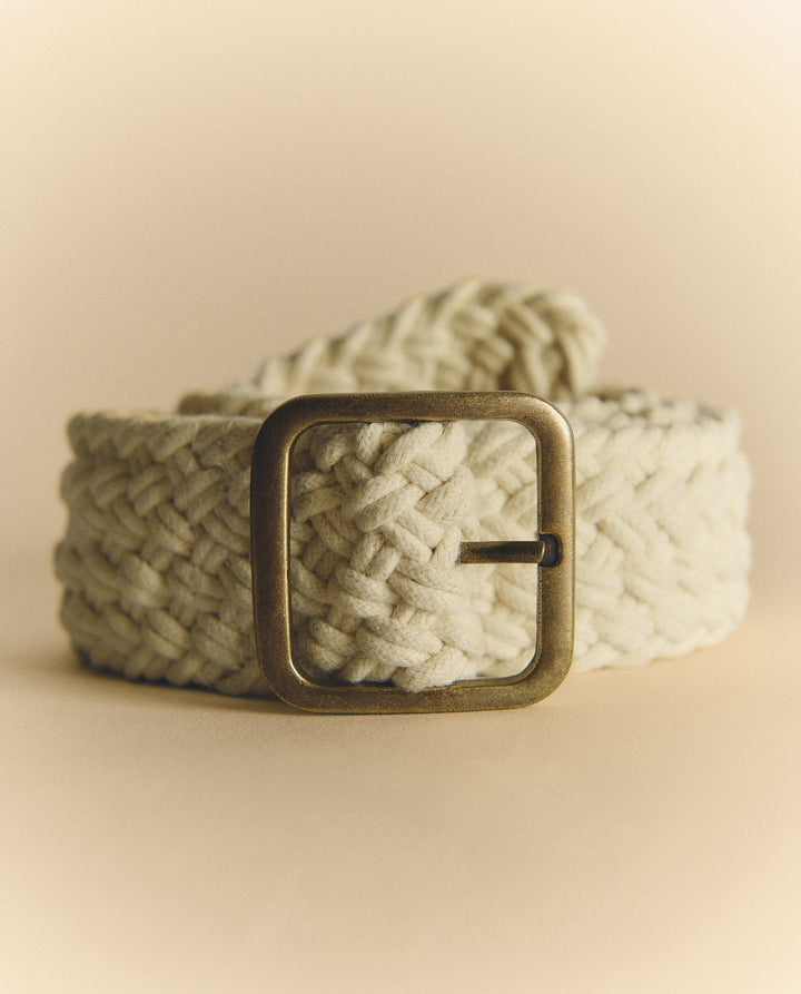 Ceinture tressée en coton beige - Accessoire avec boucle métallique carrée
