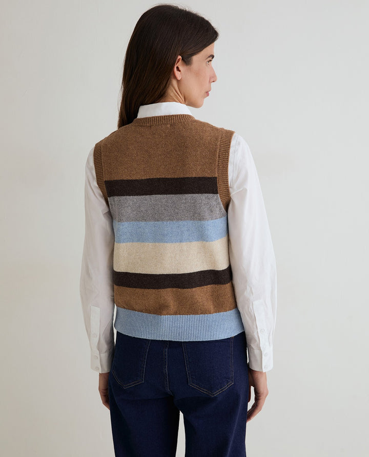 Gilet sans manches boutonné en laine certifiée - À rayures géométriques