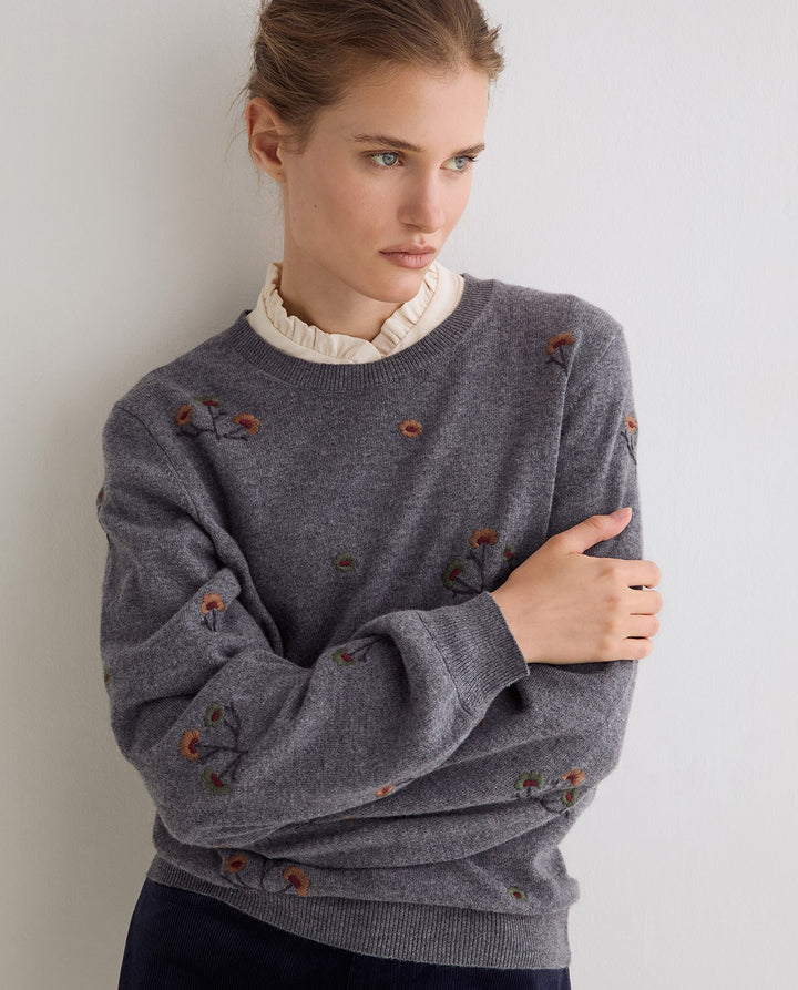 Pull à encolure ronde en tricot de laine et cachemire - À broderies florales