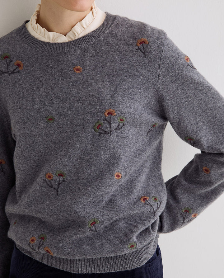 Pull à encolure ronde en tricot de laine et cachemire - À broderies florales