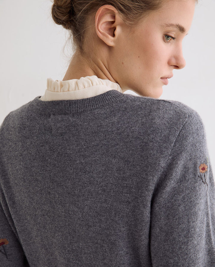 Pull à encolure ronde en tricot de laine et cachemire - À broderies florales