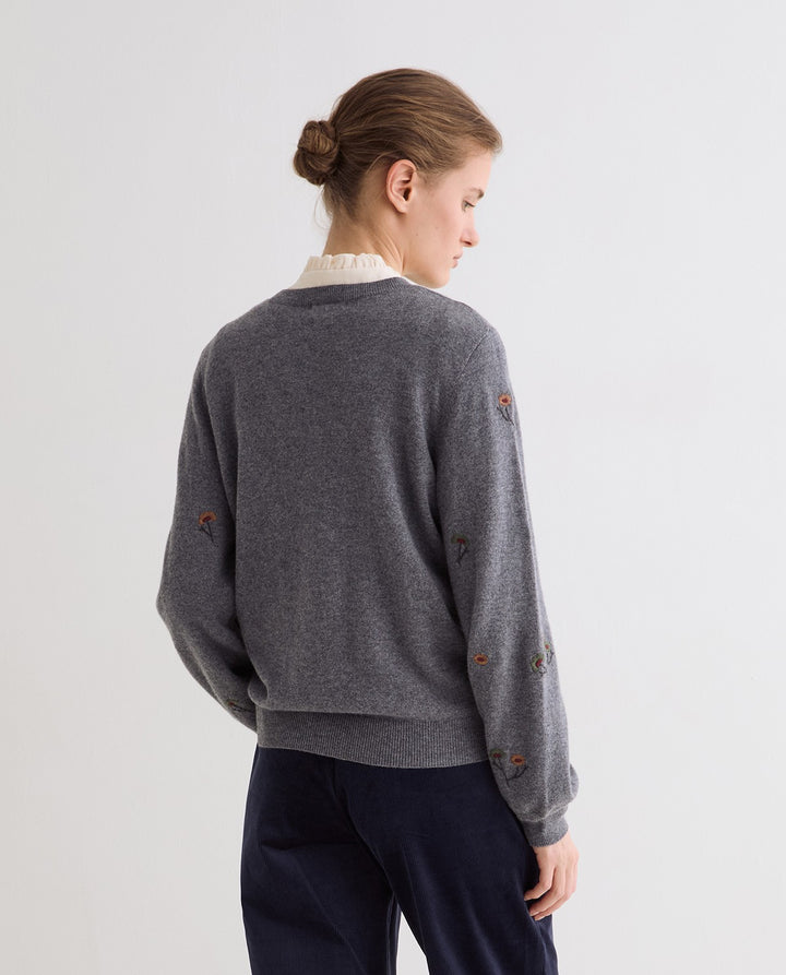 Pull à encolure ronde en tricot de laine et cachemire - À broderies florales
