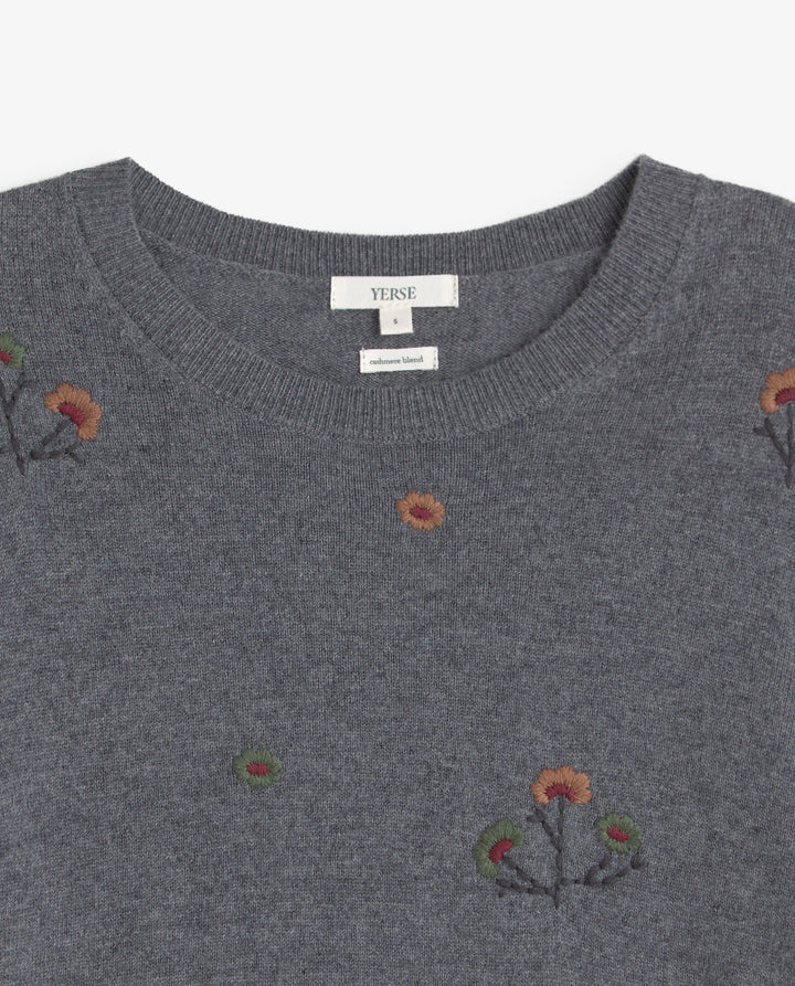 Pull à encolure ronde en tricot de laine et cachemire - À broderies florales