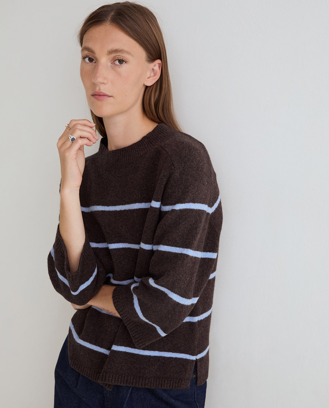 Pull en maille de coton et laine - À encolure ronde et manches trois-quarts