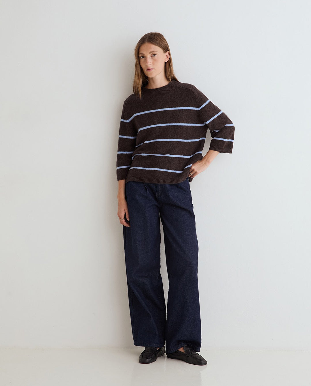 Pull en maille de coton et laine - À encolure ronde et manches trois-quarts
