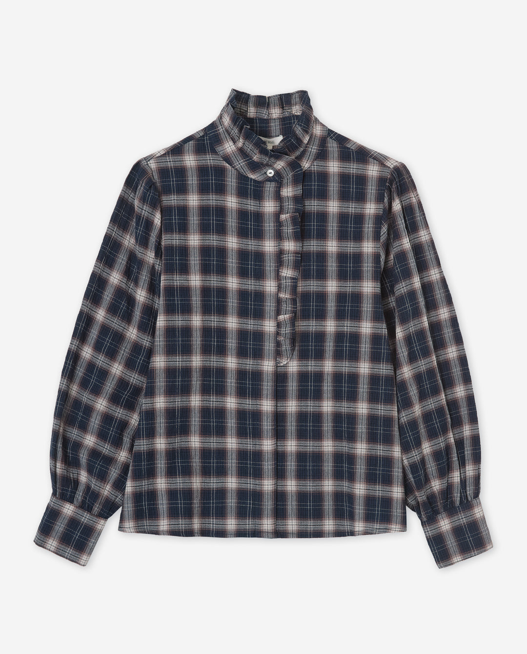 Blouse à col montant volanté - 100% coton à motif de carreaux