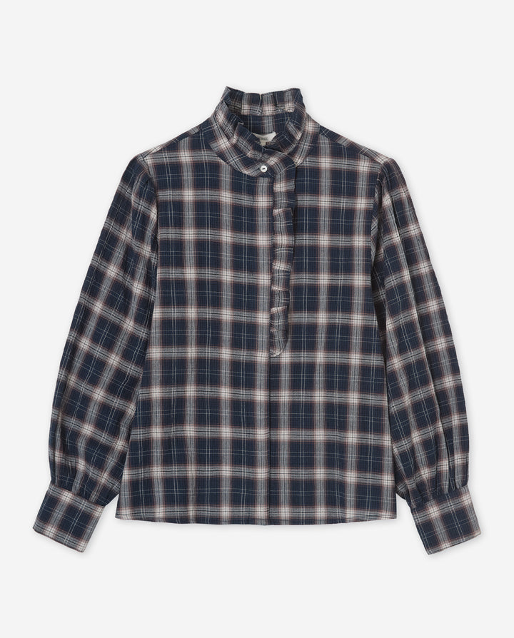 Blouse à col montant volanté - 100% coton à motif de carreaux