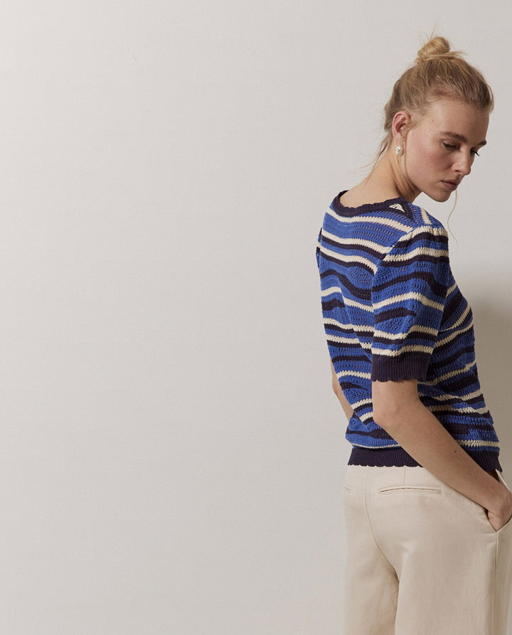 Pull en lin à effet vagué bleu et écru