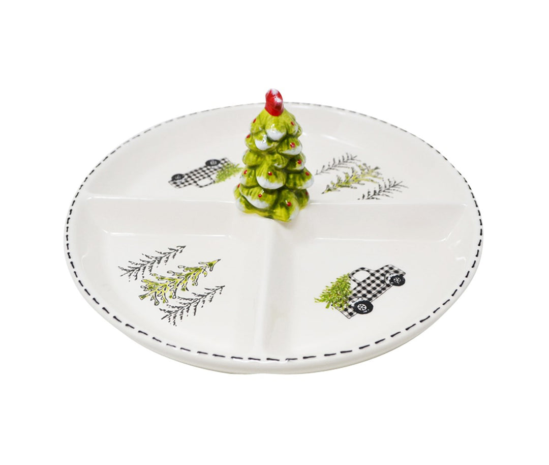 Assiette compartimentée avec sapins - Plat de service rond en céramique