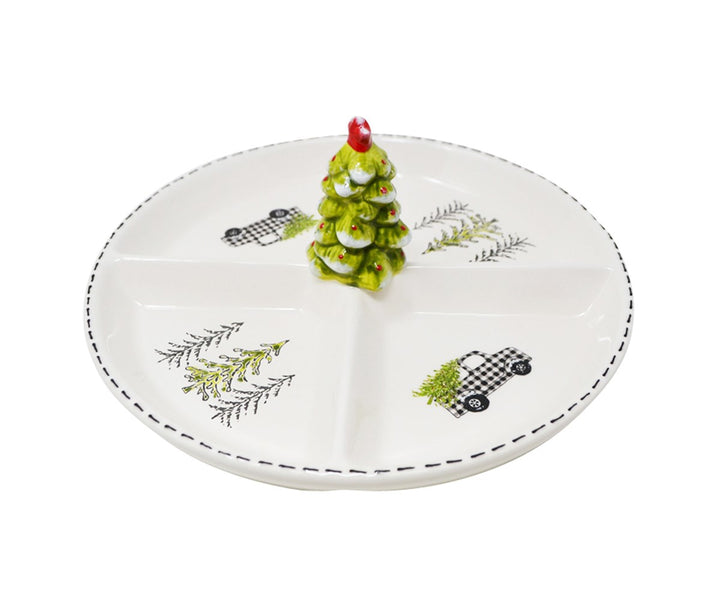 Assiette compartimentée avec sapins - Plat de service rond en céramique