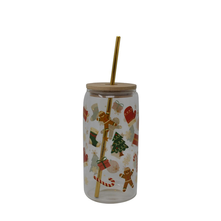 Verre avec couvercle et paille Temps des fêtes 500ml - Réutilisable en verre