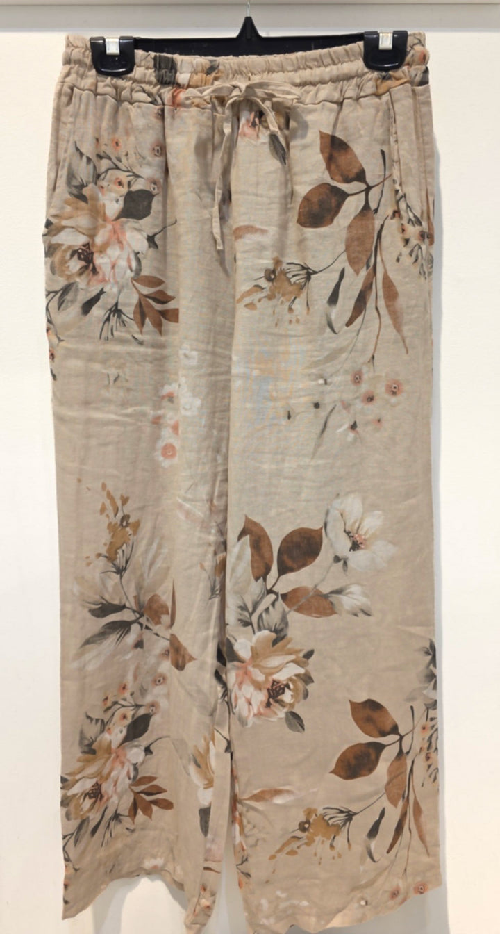 Pantalon imprimé feuilles sépia Sylvie – 100% lin