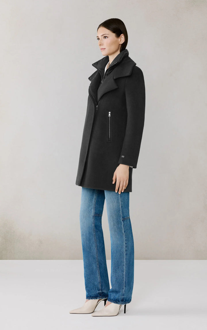 Manteau en laine hybride Abbi - Mi-cuisse à fermeture asymétrique et col amovible