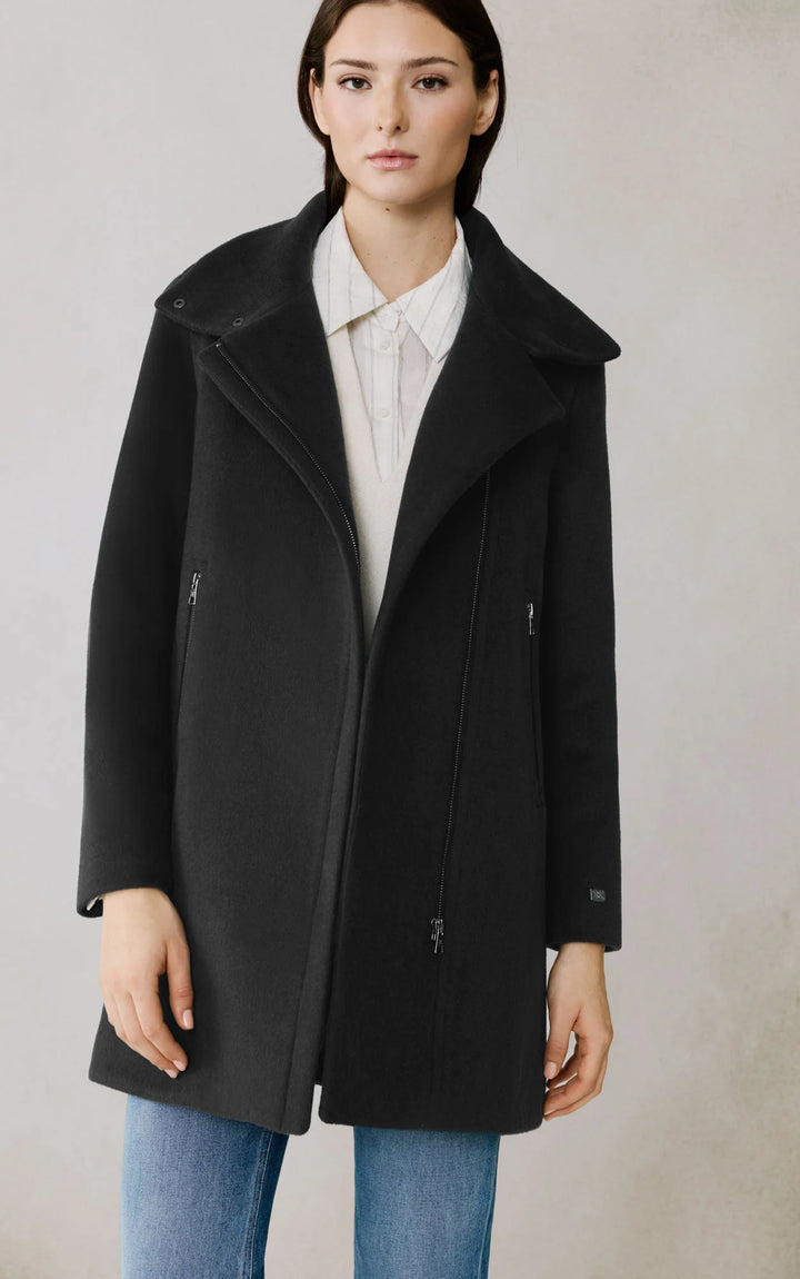Manteau en laine hybride Abbi - Mi-cuisse à fermeture asymétrique et col amovible