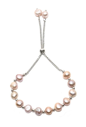 Bracelet ajustable en perles d'eau douce rosées - Bijou délicat fini argent