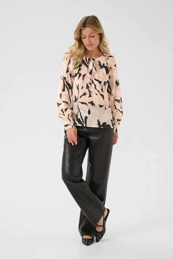 Blouse col à cordon, en coloris pêche doux Reese