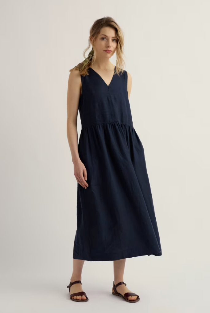 Robe mi-longue en lin mélangé à encolure en V - Écoresponsable