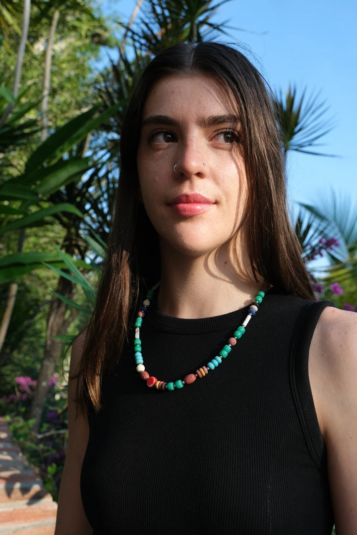 Multi-strand short necklace with lava and glass beads