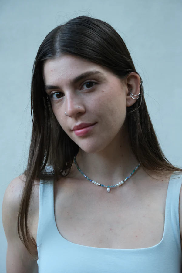 Collier argenté - Perles de verre sarcelle et perle d'eau douce