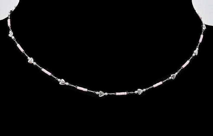 Stainless steel necklace - Silver hearts and tube beads