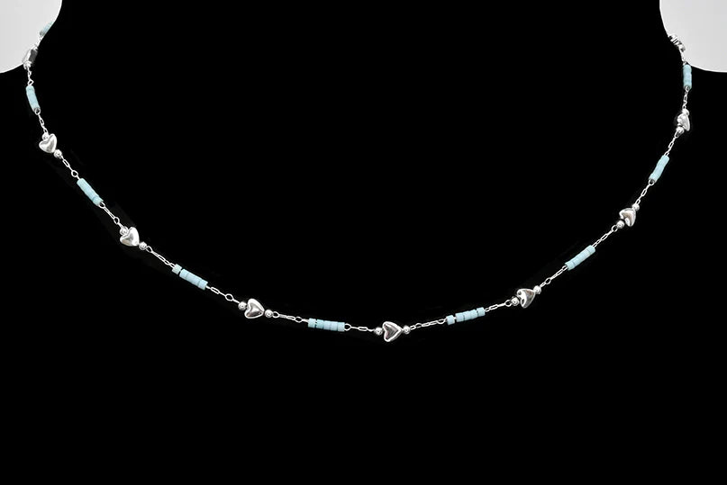 Stainless steel necklace - Silver hearts and tube beads