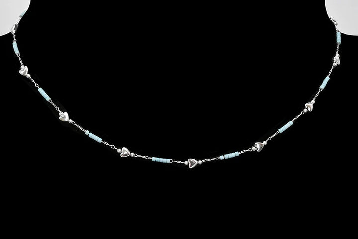 Stainless steel necklace - Silver hearts and tube beads