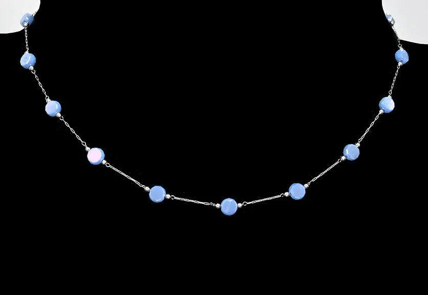 Stainless Steel Necklace - Blue Round Crystal
