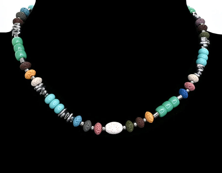 Multi-strand short necklace with lava and glass beads