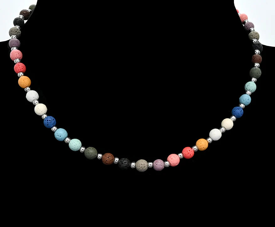 Collier court perles de lave rondes multicolores