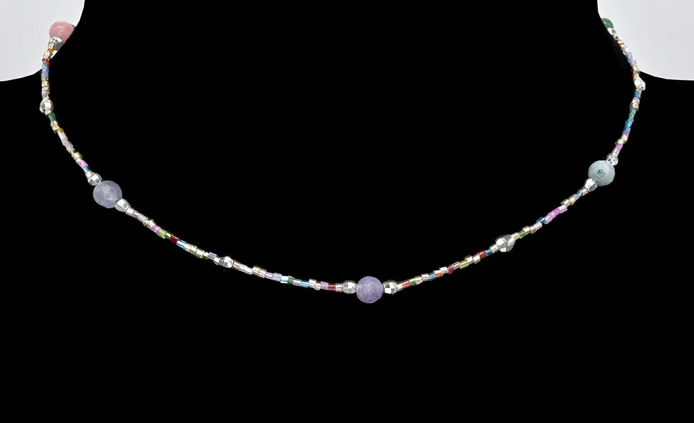 Collier argenté - Perles de verre et pierres semi-précieuses