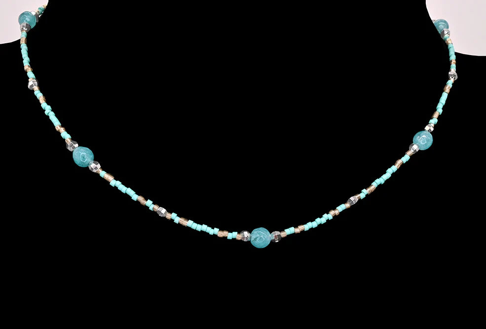 Collier argenté - Perles de verre sarcelle et pierres semi-précieuses