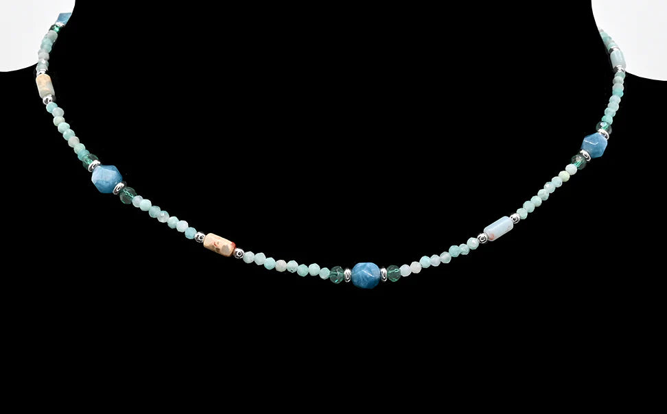 Silver-plated necklace - Teal glass beads and crystal stones
