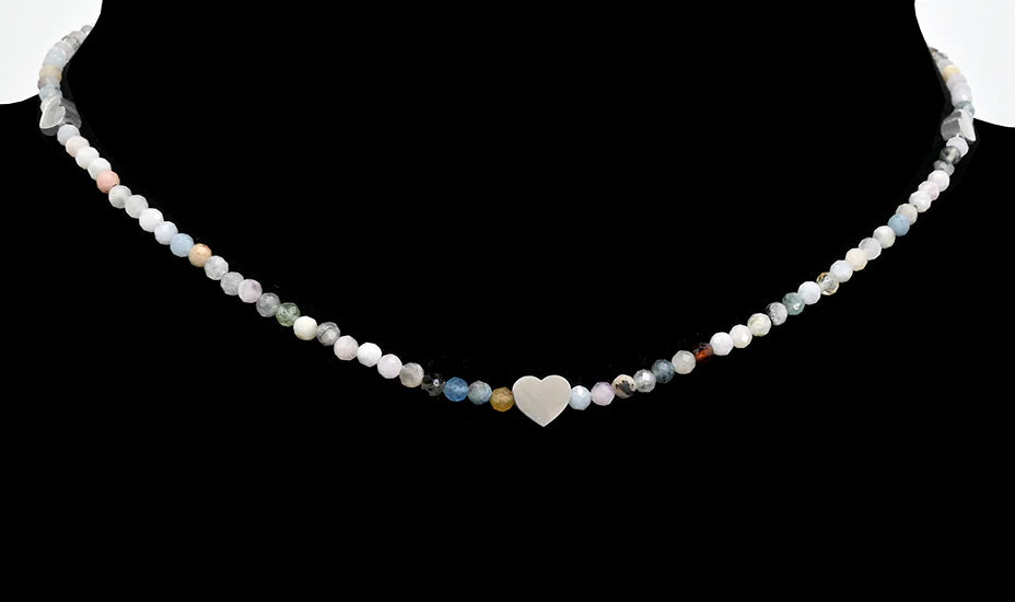 Silver-plated necklace - Multicolored glass beads and heart