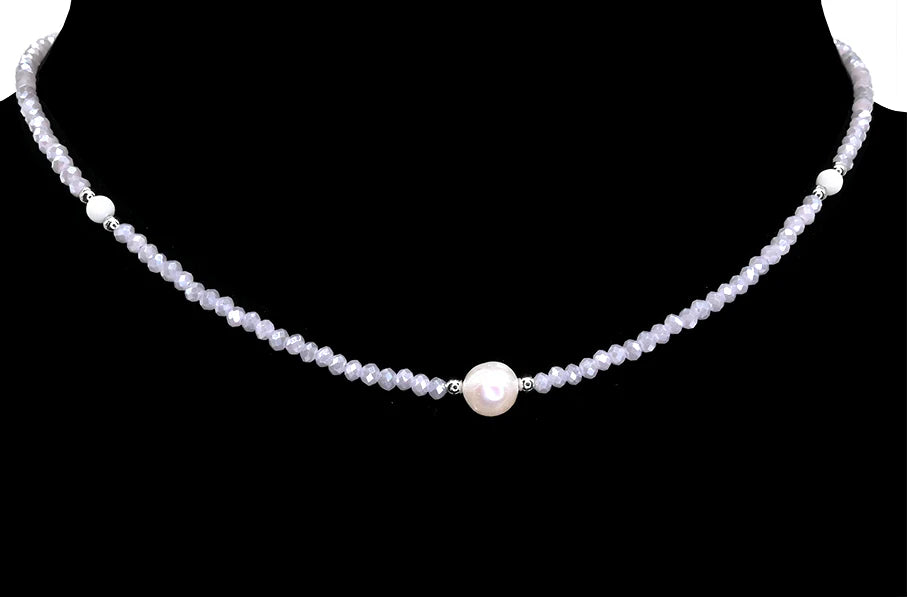 Silver-plated necklace - Glass beads and freshwater pearl