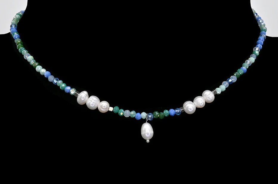 Collier argenté - Perles de verre sarcelle et perle d'eau douce