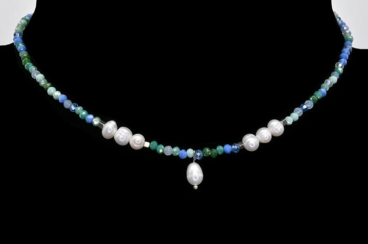 Collier argenté - Perles de verre sarcelle et perle d'eau douce