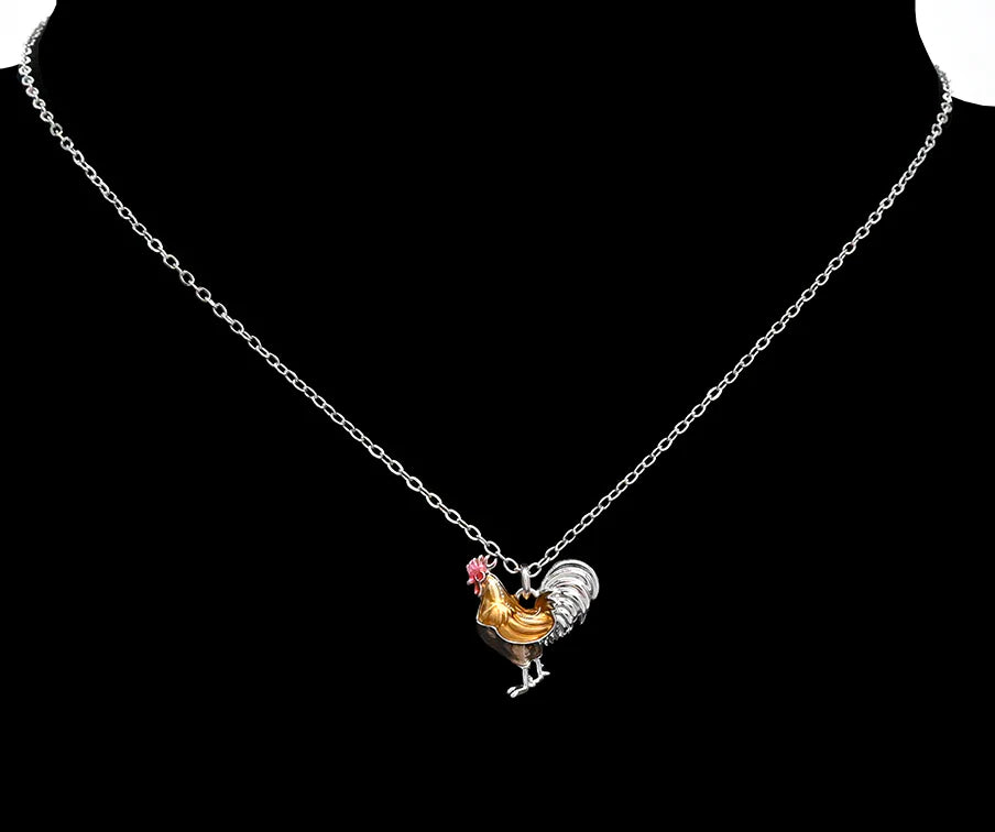 Collier avec pendentif coq en émail - Chaine argent