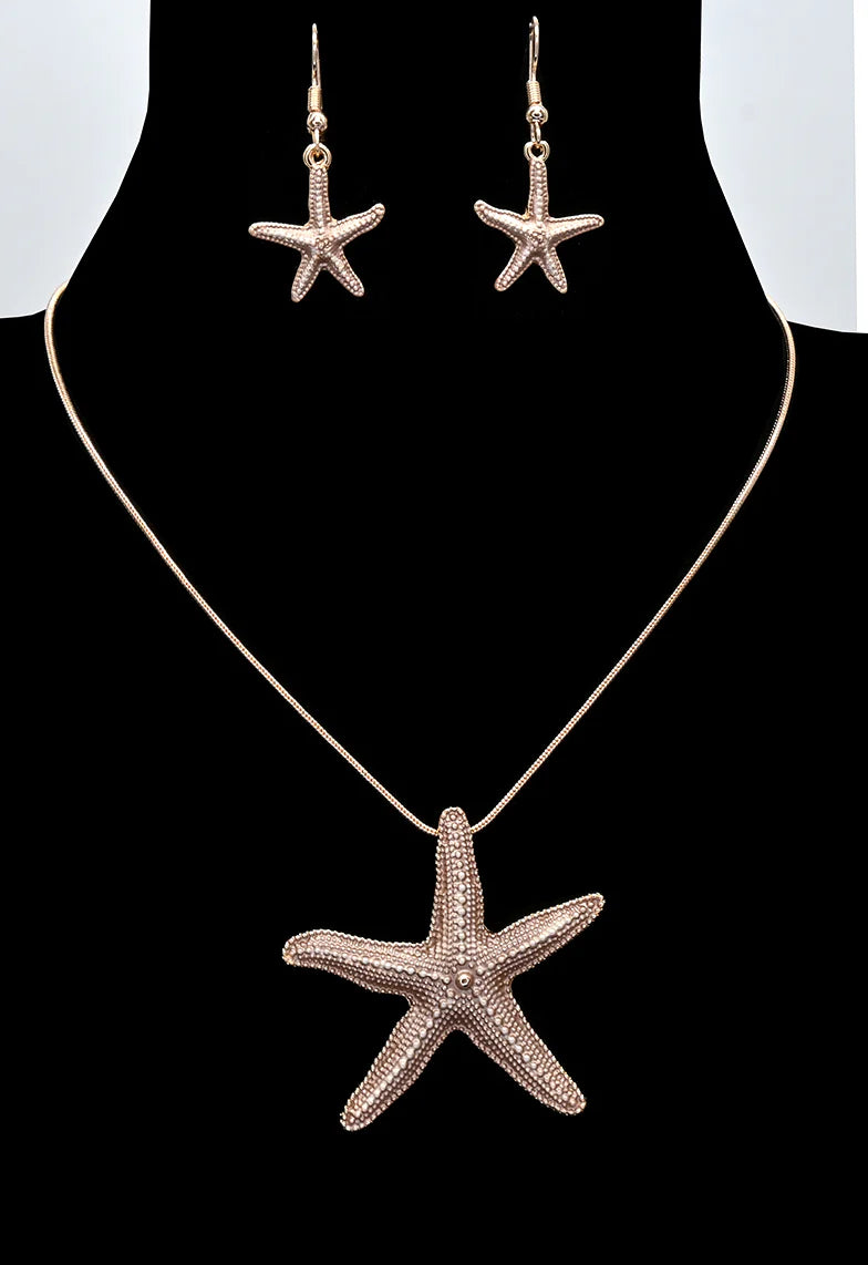 Collier à pendentif étoile de mer et boucles d'oreilles - ton beige et doré